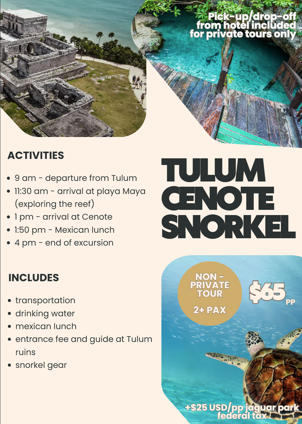 Tulum ruins, cenote & snorkel tour flyer