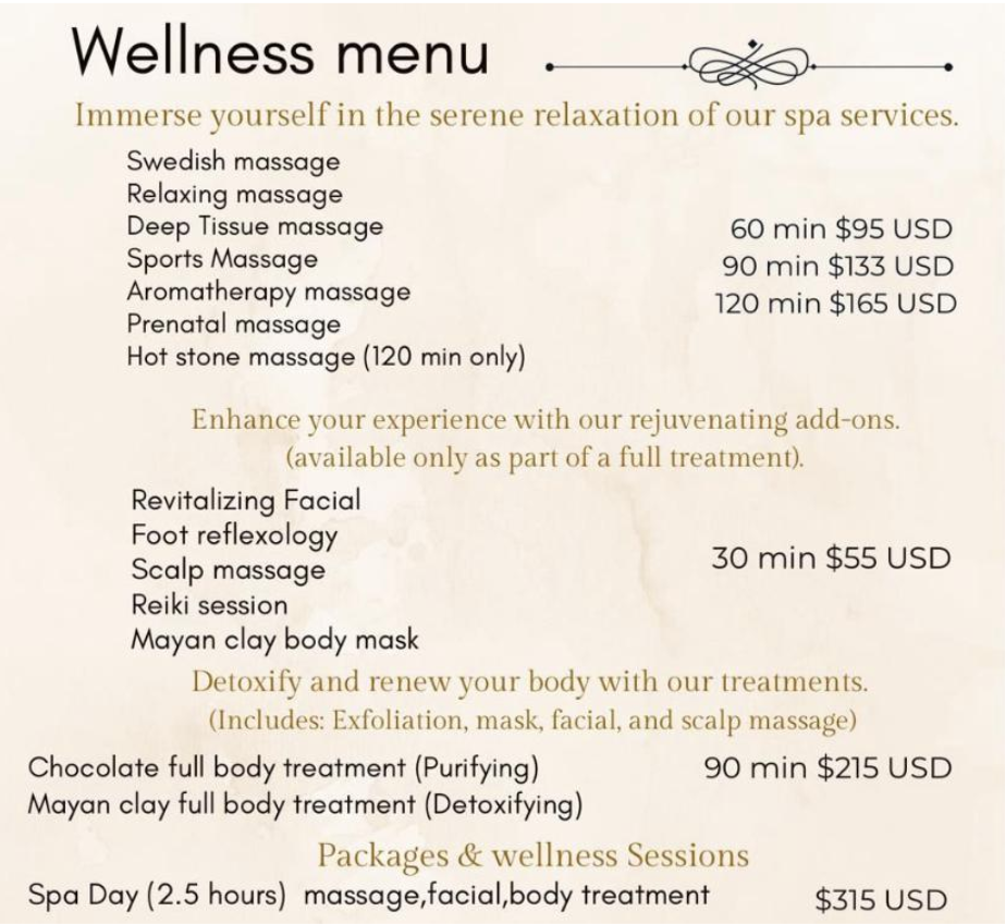 Wellness & spa menu