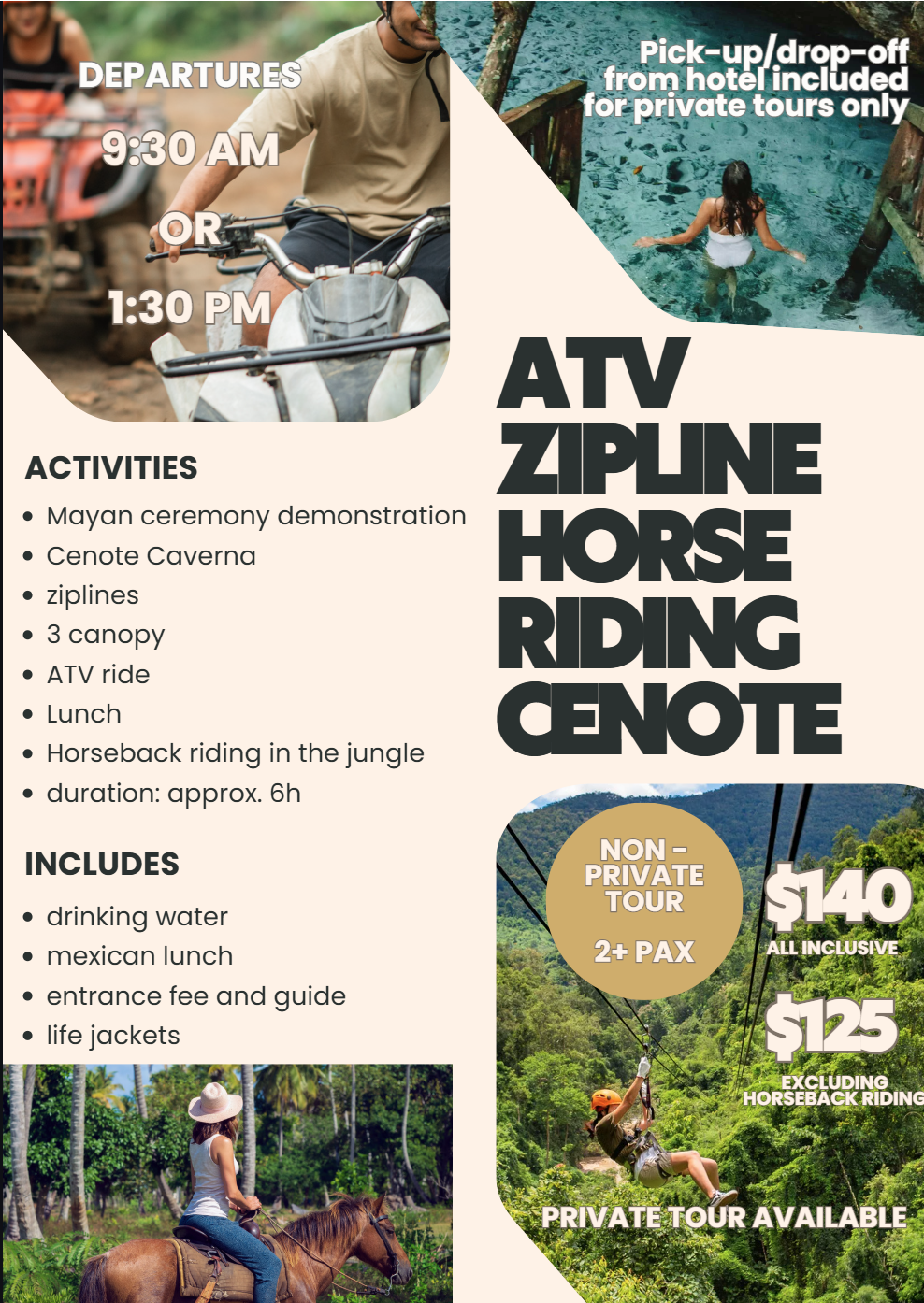 ATV, zipline, horseback riding & cenote tour flyer